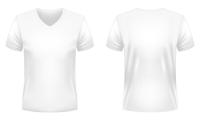 Blank white V-neck t-shirt template. Front and back views. Vector illustration. - obrazy, fototapety, plakaty