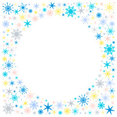 Fototapeta na wymiar decorative winter frame with hand drawn multicolored snowflakes with gradient with empty circle, snow, swirl, blizzard, design elements. Christmas decor