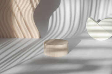 Empty podium for advertising products with beautiful shadows. Product display case with geometric shapes