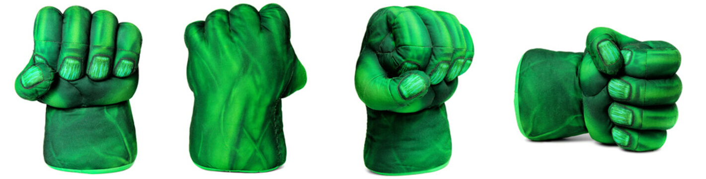 green hand clenched into a fist. superhero toy fist. comic. set of photos. isolated on white background