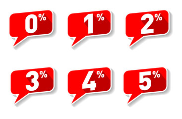 Red speech bubble 0, 1, 2, 3,4 and 5% off Sign. Discount, Sale, Special Offer Label, Sticker, Tag, Banner, Advertising, offer Icon. Vector Sticker on transparent background