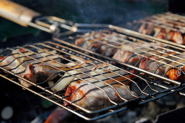 Chicken wings on barbecue, BBQ grill with fire