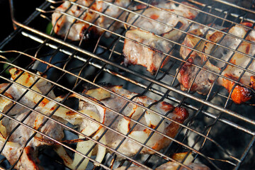 Chicken wings on barbecue, BBQ grill with fire