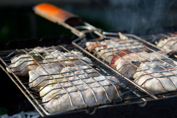 Chicken wings on barbecue, BBQ grill with fire
