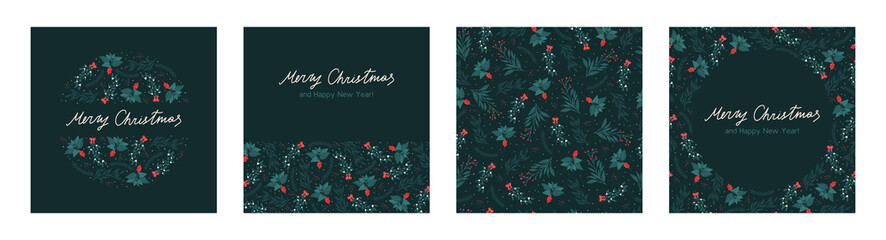 Set of Christmas greeting card with floral seamless pattern and hand drawn lettering text, flat vector illustration. Winter flowers and plants with berries. New Year celebration and invitation banner.
