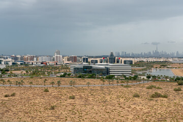 Dubai, United Arab Emirates – January 01, 2022, The Dubai skyline view for top of the building from Dubai Silicon Oasis (DSO) at rainy day