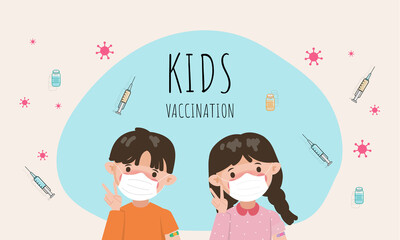 Children kids wearing a face mask to get safety vaccine to protection from coronavirus covid-19.