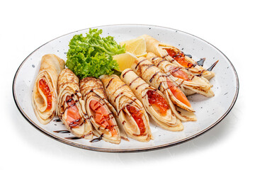 Pancakes stuffed with red caviar and salmon.  Russian dish. Isolated on a white background