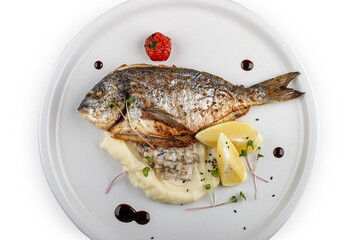 Dorado with mashed potatoes and creamy mushroom sauce. Isolated on a white background.