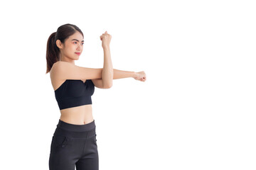 A Southeast Asian woman in black workout clothes stretching before exercising. isolated on a white background