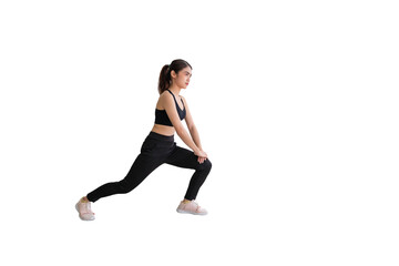 Fototapeta na wymiar A Southeast Asian woman in black workout clothes stretching before exercising. isolated on a white background