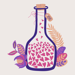 Valentine's Day card with hearts inside a bottle and exotic plants. Vector illustration for Mother's Day. Love postcard concept.