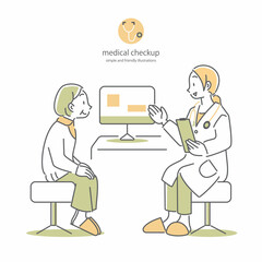 高齢女性の患者に説明する女性医師　シンプルでお洒落な線画イラスト