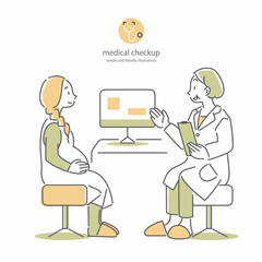 妊娠中の女性と穏やかに説明する女性医師　シンプルでお洒落な線画イラスト