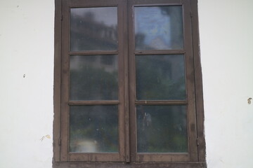 glass window with wooden frame