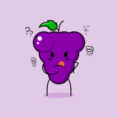 cute grape character with thinking expression and hand placed on chin. green and purple. suitable for emoticon, logo, mascot