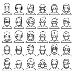 People face icons in medical mask. Vector line design. 