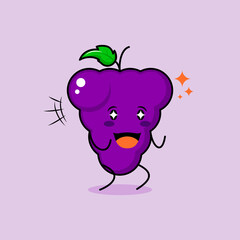 cute grape character with smile and happy expression, two hands clenched and sparkling eyes. green and purple. suitable for emoticon, logo, mascot and icon