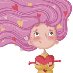 Cute cartoon illustration of a girl with pink hair hugging a pillow heart