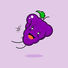 cute grape character with smile and happy expression, jump fly, mouth open and sparkling eyes. green and purple. suitable for emoticon, logo, mascot and icon
