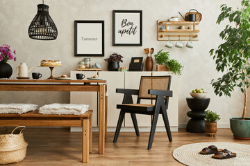 Creative and modern dining room interior design with mock up poster frames, family dining table, bench and chair and retro inspired personal accessories and decorations. Template. .