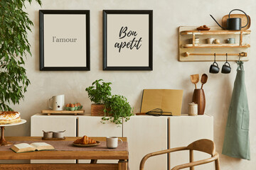 Fototapeta Elegant composition of stylish dining room intrerior with mock up poster frame, beige wooden commode, dining table, chair, plants, bake and accessories. Template. . obraz