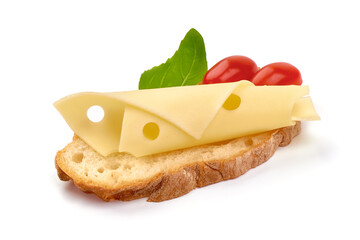 Maasdam cheese sandwich, isolated on white background.