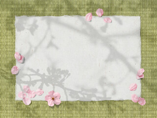桜のシルエットが写る和紙とタタミ、散りゆく桜の花びら