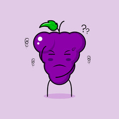 cute grape character with thinking expression, one hand on head and close eyes. green and purple. suitable for emoticon, logo, mascot