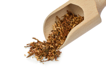 Wooden scoop full of tobacco isolated on white background