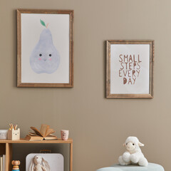 Stylish scandinavian kid room interior with toys, teddy bear, plush animal toys, furniture,...