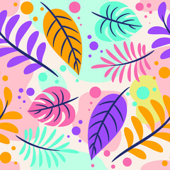 Seamless floral pattern with tropical leaves. Colorful hand drawn organic shapes