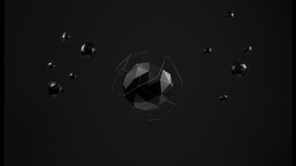 3d render, metallic sphere with wireframe, black monochrome color