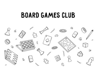 Board games club. Set of vector doodle elements, board games collection. Vector hand drawn illustration