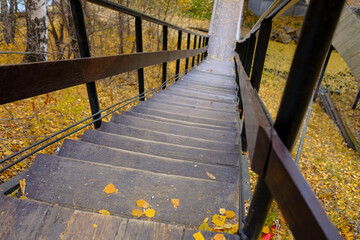 An empty wooden narrow staircase in the park goes down. Autumn steps