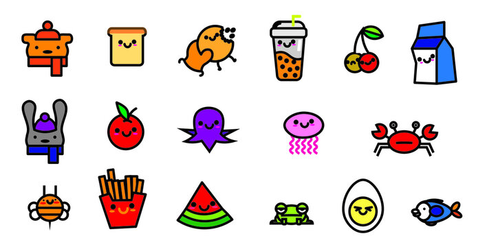set of kawaii food and cute animals icons, vector