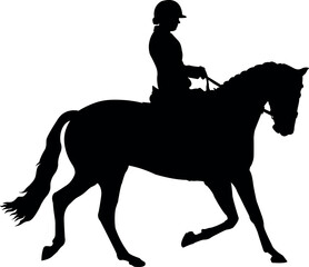 Dressage Horse with Female Rider – Elegant Black Silhouette in Side View for Equestrian Design ¥
