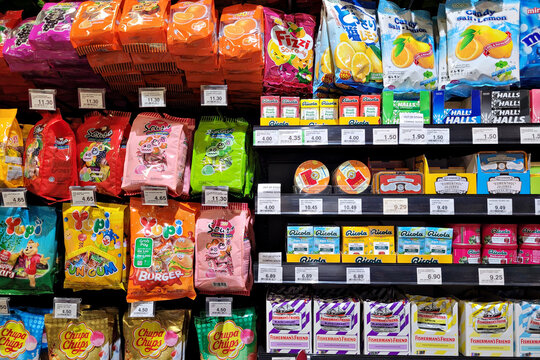 PENANG, MALAYSIA - 14 DEC 2021: Various choices sweet candy display on shelf in Mercato grocery Penang. Mercato is the coolest fresh premium supermarket in Malaysia.