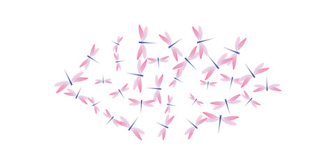Exotic rosy pink dragonfly cartoon vector background. Spring cute insects. Detailed dragonfly cartoon dreamy illustration. Gentle wings damselflies graphic design. Garden creatures