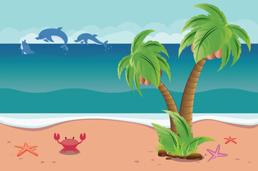 Fototapeta na wymiar Crab and starfish on beach