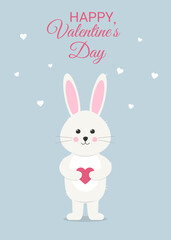 Happy Valentine' s Day greeting card with cute bunny. White rabbit holds love heart.