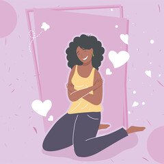 afro woman kneeling with hearts