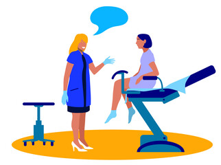 A female gynecologist is talking to a patient who is sitting on a gynecology chair. Vector colorful flat illustration. 