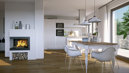 Luxury european cosy detached house interior with kitchen, sofa, table and fireflace