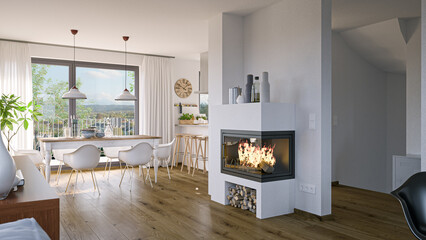 Luxury european cosy detached house interior with kitchen, sofa, table and fireflace - obrazy, fototapety, plakaty