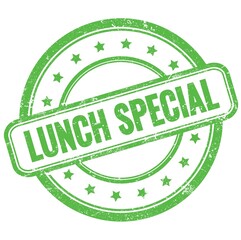 LUNCH SPECIAL text on green grungy round rubber stamp.