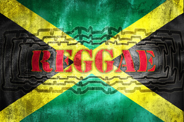 Reggae label illustration on grunge Jamaica flag