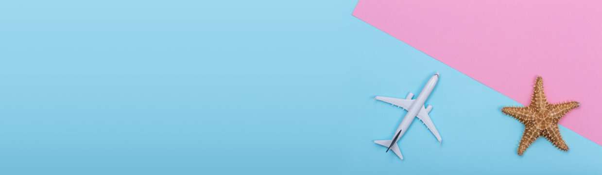 White blank model of passenger airplane and starfish on colored texture. Long banner