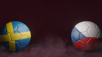 Playoff. Two soccer balls in flags colors on a maroon abstract background. Sweden and Czech Republic. 3d image