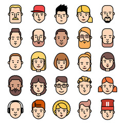 Line colorful icons collection of people avatars. Man and woman characters. Suitable for use in applications, infographics, web, social networks
